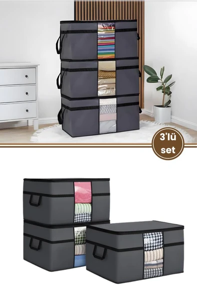 3’lü Yorgan Hurcu Seti, Yastık Yorgan Kıyafet Giysi Çamaşır Çeyizlik Düzenleyici (70x40cm) 3 Adet ürün görseli 1