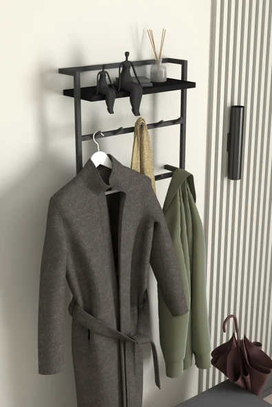AJU Raflı Duvar Askılığı Portmanto Modern Metal Askılık Hol Koridor Mutfak Banyo Elbise Havlu Askısı - Resim 2