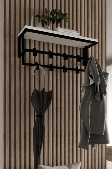 AJU Raflı Metal Duvar Askılığı – Modern Ceket, Mont, Havlu ve Şemsiye Askısı - Resim 2