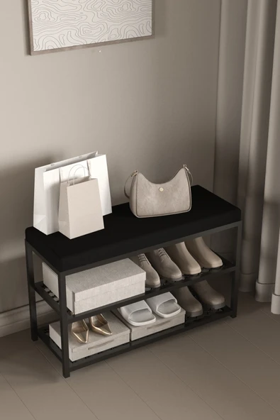 AJU Ayakkabılık Puflu Süngerli Oturaklı Metal Ayakkabı Rafı Modern Vestiyer Baklavalı Metal Tasarım Benc - 6