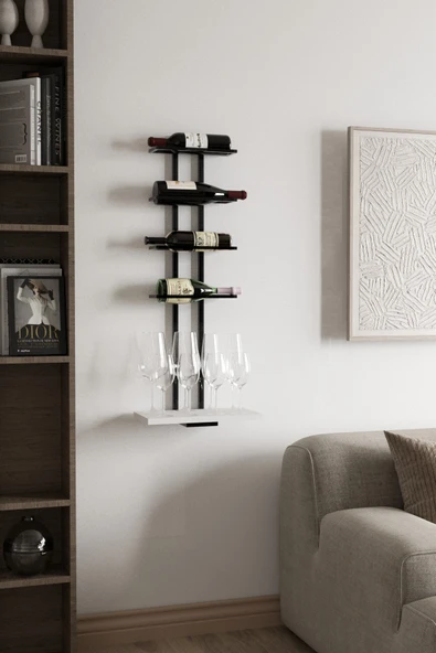 AJU Şaraplık ve Kadeh Rafı Duvara Monte Şarap Mahseni Modern Duvar Alkol Rafı – Metal ve Ahşap Tasarım - 3