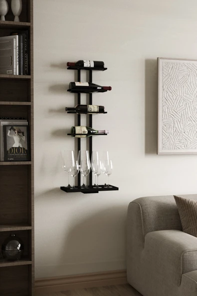 AJU Şaraplık ve Kadeh Rafı Duvara Monte Şarap Mahseni Modern Duvar Alkol Rafı – Metal ve Ahşap Tasarım - 3