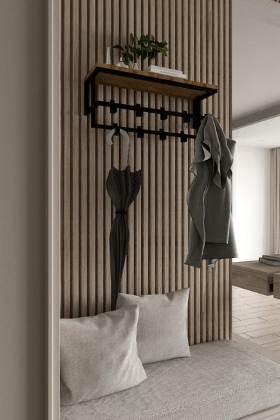AJU Raflı Metal Duvar Askılığı – Modern Ceket, Mont, Havlu ve Şemsiye Askısı - 5