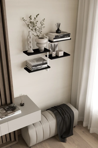 AJU 4 Katlı Duvar Rafı Metal Çerçeveli Dekoratif Kitaplık ve Raf Ünitesi Modern ve Minimalist Tasarım - 3