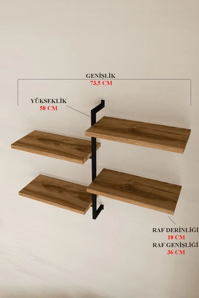 AJU 4 Katlı Duvar Rafı Metal Çerçeveli Dekoratif Kitaplık ve Raf Ünitesi Modern ve Minimalist Tasarım - 6