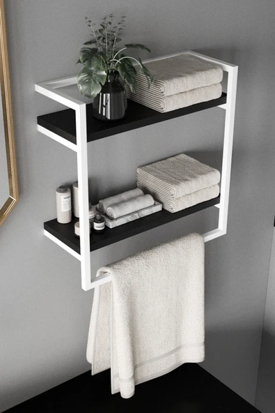 AJU Havluluk 2 Katlı Duvara Monte Raf Aksesuarlık Şal Askılığı Banyo Mutfak Düzenleyici Çok Amaçlı Raf - 3