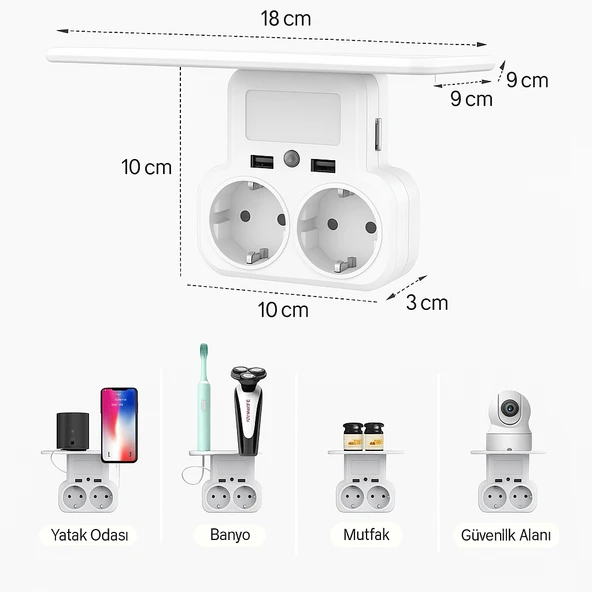 Duvar Prizi Çift USB Girişli Işıklı Otomatik Sensörlü LED Işık 5V/2.4A Hızlı Şarj CE Sertifikalı Telefon Standlı - 5