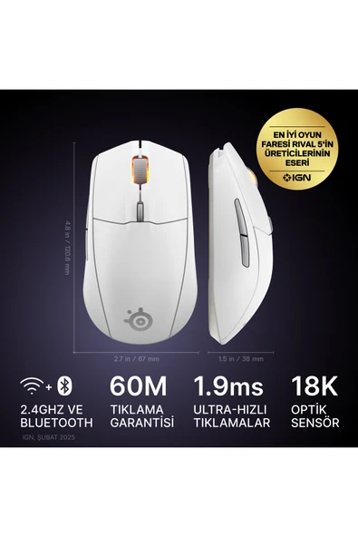 (OUTLET) SteelSeries Rival 3 Wireless Gen 2 Gaming Mouse - 2.4ghz Ve Bluetooth Bağlantı - Beyaz - Resim 2