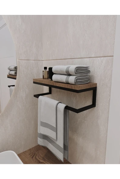 AJU Havluluk Duvara Monte Raf Aksesuarlık Şal Askılığı Ev Banyo Mutfak Düzenleyici Çok Amaçlı Raf Ceviz - 2