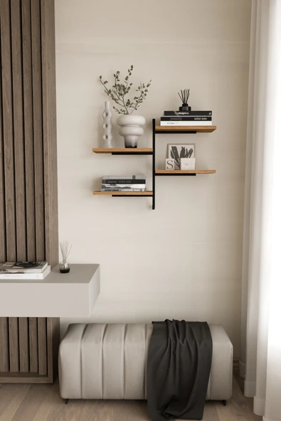 AJU 4 Katlı Duvar Rafı Metal Çerçeveli Dekoratif Kitaplık ve Raf Ünitesi Modern ve Minimalist Tasarım - 4