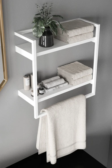 AJU Havluluk 2 Katlı Duvara Monte Raf Aksesuarlık Şal Askılığı Banyo Mutfak Düzenleyici Çok Amaçlı Raf - 3