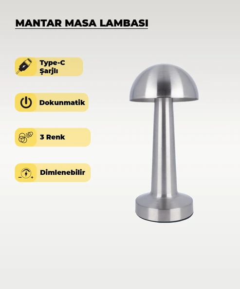 Krom Mantar Masa Lambası - Dokunmatik - 3 Renk Işık ürün görseli