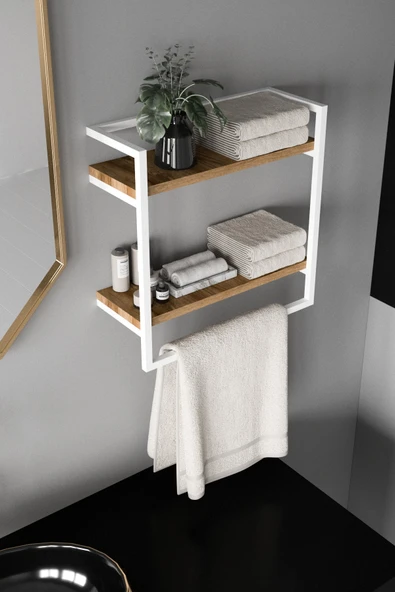 AJU Havluluk 2 Katlı Duvara Monte Raf Aksesuarlık Şal Askılığı Banyo Mutfak Düzenleyici Çok Amaçlı Raf - 6