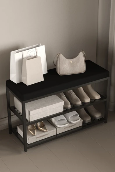 AJU Ayakkabılık Puflu Süngerli Oturaklı Metal Ayakkabı Rafı Modern Vestiyer Baklavalı Metal Tasarım Benc - 2