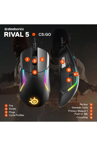 (OUTLET) SteelSeries Rival 5 Gaming Mouse 18,000 Cpı Truemove Air Optik Sensör, 9 Programlanabilir Düğme - Resim 8