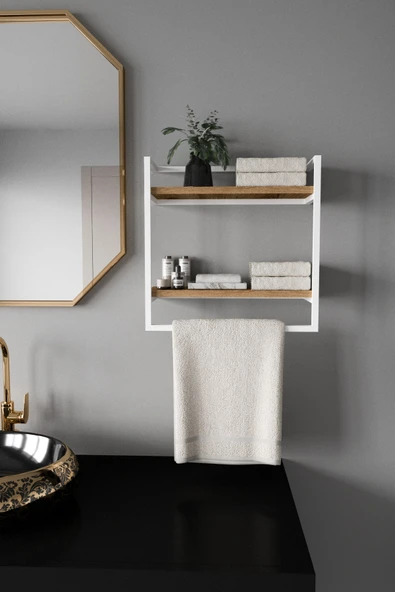 AJU Havluluk 2 Katlı Duvara Monte Raf Aksesuarlık Şal Askılığı Banyo Mutfak Düzenleyici Çok Amaçlı Raf - 5