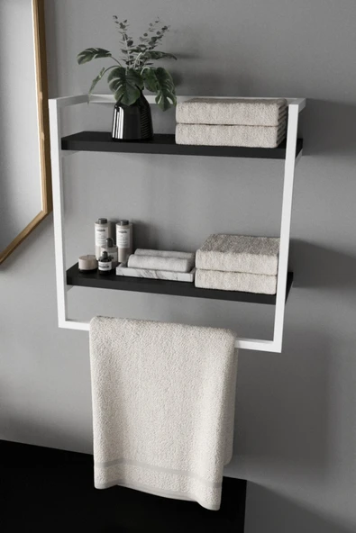 AJU Havluluk 2 Katlı Duvara Monte Raf Aksesuarlık Şal Askılığı Banyo Mutfak Düzenleyici Çok Amaçlı Raf - 2