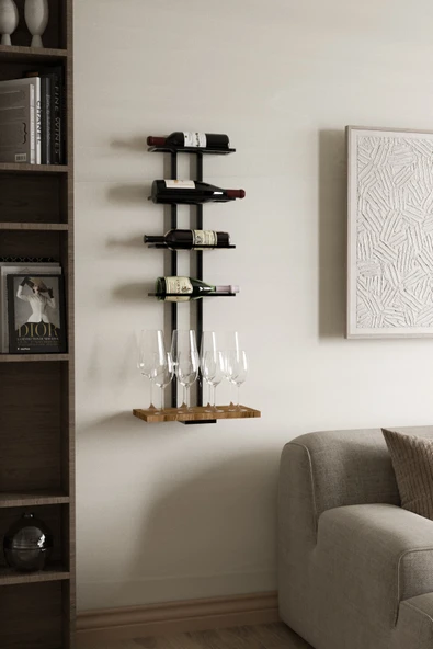 AJU Şaraplık Ve Kadeh Rafı Duvara Monte Şarap Mahzeni Modern Duvar Alkol Rafı – Metal Ve Ahşap Tasarım - 3