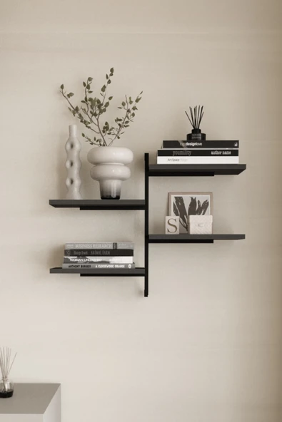 AJU 4 Katlı Duvar Rafı Metal Çerçeveli Dekoratif Kitaplık ve Raf Ünitesi Modern ve Minimalist Tasarım - 2