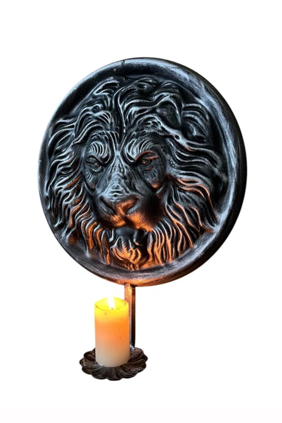 AJU Metal Aslan Figürlü Dekoratif Duvar Şamdan Mumluk - Siyah ve Gold Eskitme Tasarım, Şık ve Asil Dekor - 2