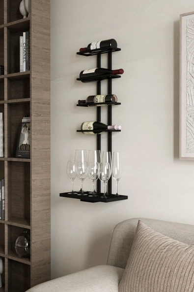 AJU Şaraplık ve Kadeh Rafı Duvara Monte Şarap Mahseni Modern Duvar Alkol Rafı – Metal ve Ahşap Tasarım - 4