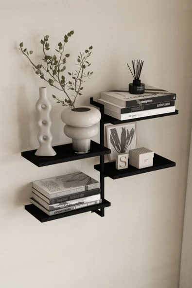 AJU 4 Katlı Duvar Rafı Metal Çerçeveli Dekoratif Kitaplık ve Raf Ünitesi Modern ve Minimalist Tasarım