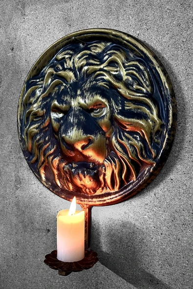 AJU Metal Aslan Figürlü Dekoratif Duvar Şamdan Mumluk - Siyah ve Gold Eskitme Tasarım, Şık ve Asil Dekor