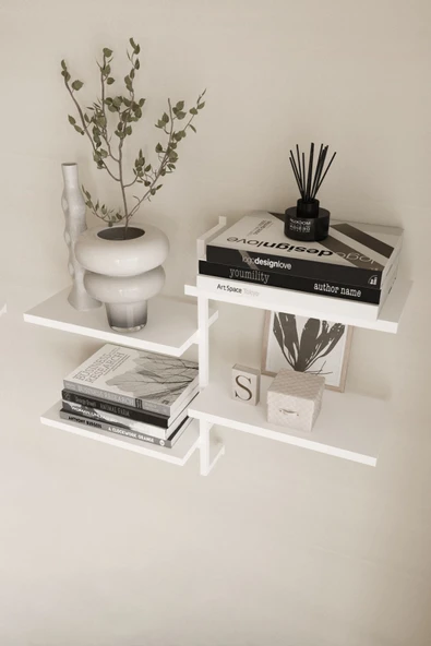 AJU 4 Katlı Duvar Rafı Metal Çerçeveli Dekoratif Kitaplık ve Raf Ünitesi Modern ve Minimalist Tasarım - 5