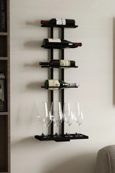 AJU Şaraplık ve Kadeh Rafı Duvara Monte Şarap Mahseni Modern Duvar Alkol Rafı – Metal ve Ahşap Tasarım - 5