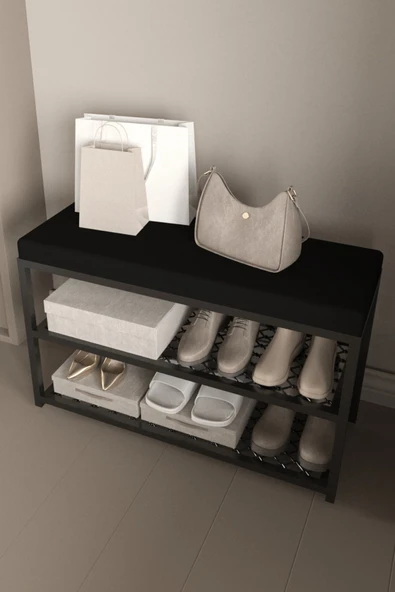 AJU Ayakkabılık Puflu Süngerli Oturaklı Metal Ayakkabı Rafı Modern Vestiyer Baklavalı Metal Tasarım Benc - 3