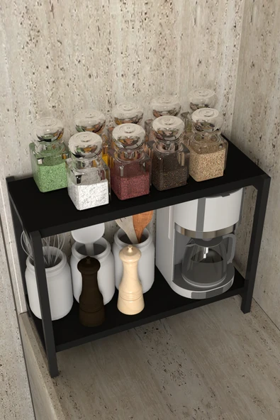 AJU Tezgah Üstü Raf Siyah Masaüstü Ayaklı Organizer Mutfak Banyo Düzenleyici Baharatlık Kitaplık Yüksek - 4