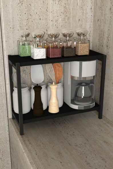 AJU Tezgah Üstü Raf Siyah Masaüstü Ayaklı Organizer Mutfak Banyo Düzenleyici Baharatlık Kitaplık Yüksek - 2
