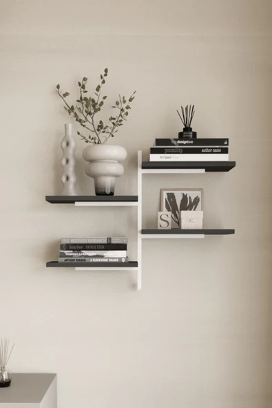 AJU 4 Katlı Duvar Rafı Metal Çerçeveli Dekoratif Kitaplık ve Raf Ünitesi Modern ve Minimalist Tasarım - 2