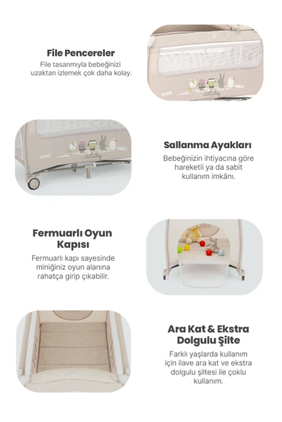 Kanz Pretty Park Yatak ve Oyun Parkı Gri - Resim 3