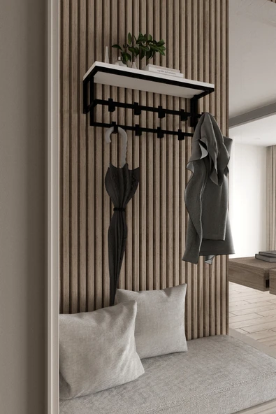 AJU Raflı Metal Duvar Askılığı – Modern Ceket, Mont, Havlu ve Şemsiye Askısı - Resim 5