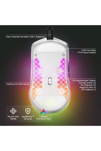 (OUTLET) SteelSeries Aerox 3 Snow 8500 Cpı 6 Tuş Rgb Optik Kablolu Gaming (OYUNCU) Mouse - Resim 2