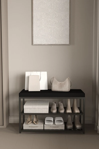 AJU Ayakkabılık Puflu Süngerli Oturaklı Metal Ayakkabı Rafı Modern Vestiyer Baklavalı Metal Tasarım Benc - 4