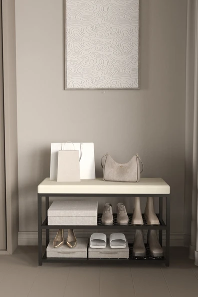 AJU Ayakkabılık Puflu Süngerli Oturaklı Metal Ayakkabı Rafı Modern Vestiyer Baklavalı Metal Tasarım Benc - 4