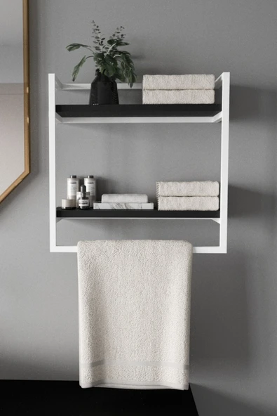 AJU Havluluk 2 Katlı Duvara Monte Raf Aksesuarlık Şal Askılığı Banyo Mutfak Düzenleyici Çok Amaçlı Raf