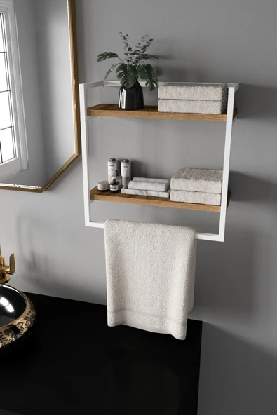 AJU Havluluk 2 Katlı Duvara Monte Raf Aksesuarlık Şal Askılığı Banyo Mutfak Düzenleyici Çok Amaçlı Raf - 4