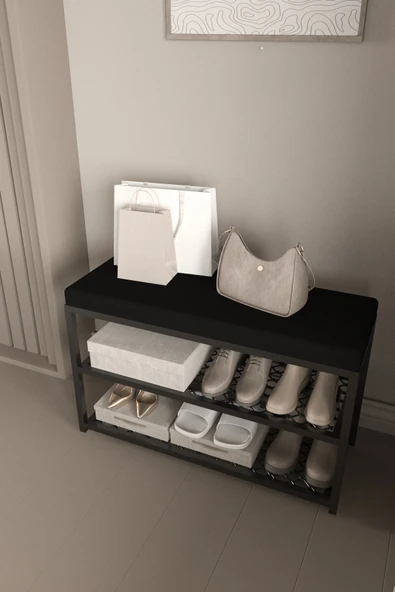 AJU Ayakkabılık Puflu Süngerli Oturaklı Metal Ayakkabı Rafı Modern Vestiyer Baklavalı Metal Tasarım Benc - 5