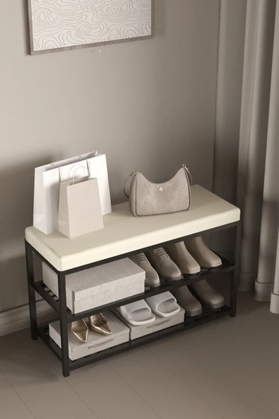 AJU Ayakkabılık Puflu Süngerli Oturaklı Metal Ayakkabı Rafı Modern Vestiyer Baklavalı Metal Tasarım Benc - 5