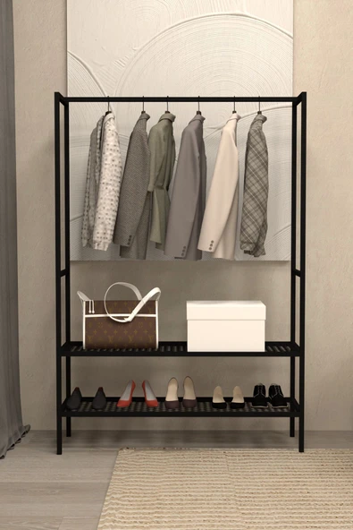AJU Gardırop Açık Elbise Askılığı Ayakkabılık Metal Butik Askılık 2Raflı Çok Amaçlı Modern Elbise Dolabı - 2