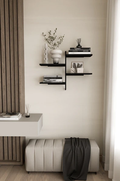 AJU 4 Katlı Duvar Rafı Metal Çerçeveli Dekoratif Kitaplık ve Raf Ünitesi Modern ve Minimalist Tasarım - 4