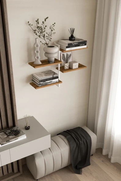 AJU 4 Katlı Duvar Rafı Metal Çerçeveli Dekoratif Kitaplık ve Raf Ünitesi Modern ve Minimalist Tasarım - 3