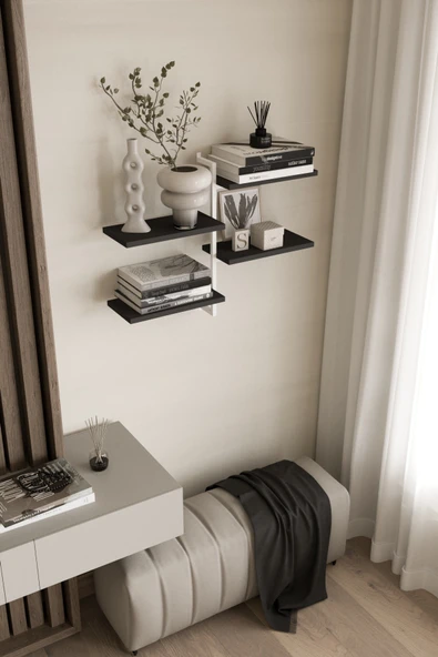 AJU 4 Katlı Duvar Rafı Metal Çerçeveli Dekoratif Kitaplık ve Raf Ünitesi Modern ve Minimalist Tasarım - 3