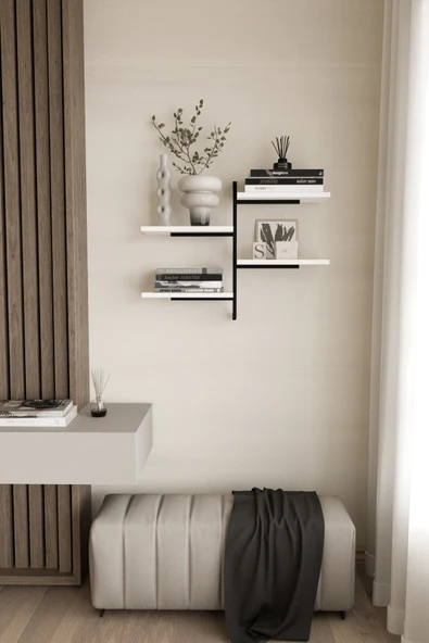 AJU 4 Katlı Duvar Rafı Metal Çerçeveli Dekoratif Kitaplık ve Raf Ünitesi Modern ve Minimalist Tasarım - 4