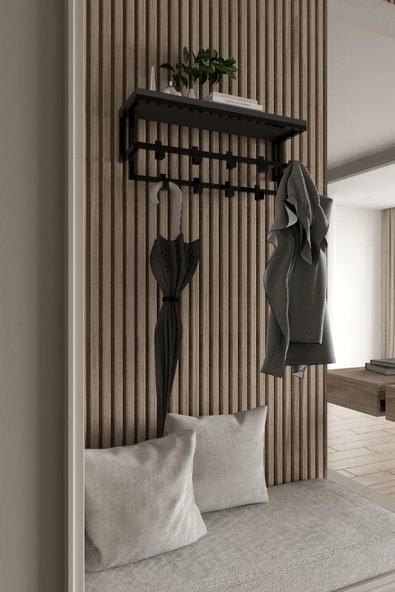 AJU Raflı Metal Duvar Askılığı – Modern Ceket, Mont, Havlu ve Şemsiye Askısı - 5