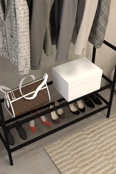 AJU Gardırop Açık Elbise Askılığı Ayakkabılık Metal Butik Askılık 2Raflı Çok Amaçlı Modern Elbise Dolabı - 3