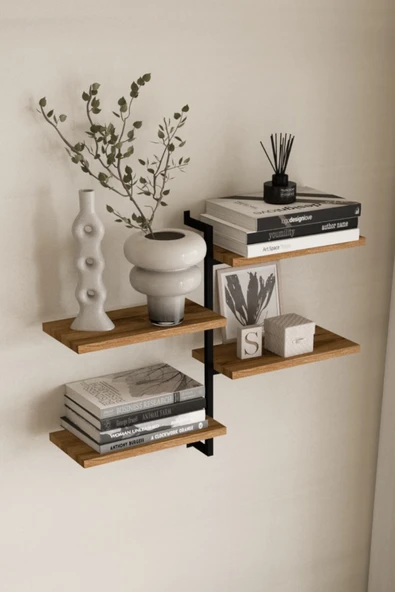 AJU 4 Katlı Duvar Rafı Metal Çerçeveli Dekoratif Kitaplık ve Raf Ünitesi Modern ve Minimalist Tasarım
